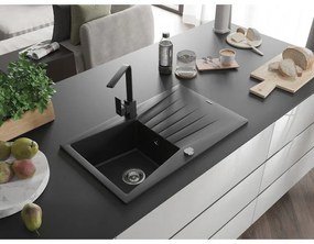 Mexen Cesar, granitový drez 775x470x190 mm, 1-komorový, čierna s chrómovým sifónom a čierna drezová batéria Rita, 6514-77-670300-70