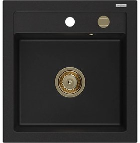 Mexen Vito, granitový drez 520x490x210 mm, 1-komorový, čierna so zlatým sifónom, 6503521000-77-G