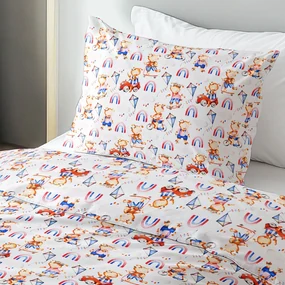 Biante Detské bavlnené posteľné obliečky Sandra SA-521 Modro-červení psíkovia s autami na bielom Predĺžené 140x220 a 70x90 cm
