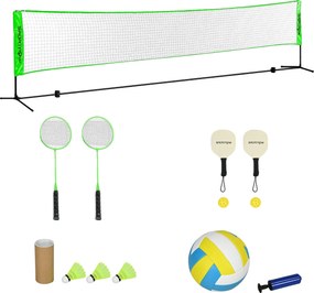 SPORTNOW súprava na bedminton, bedmintonová sieť s podstavcom, košíky, 4 rakety, nastaviteľná volejbalová sieť, s prenosnou taškou, do interiéru a ext