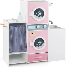 Drevená detská súprava na pranie bielizne Hračka Pračka s fľašou pracieho prostriedku Žehlička Ružová