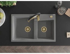 Mexen Tomas, 2-komorový granitový drez 800x500x190 mm a drezová batéria Aster, šedá, 6516-71-73450-57-G