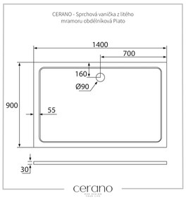 Cerano Piato, obdĺžniková sprchová vanička z liateho mramoru 140x90x3 cm, biela matná, CER-CER-476981