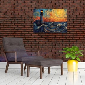 Sklenený obraz - Maják vo vlnách (70x50 cm)