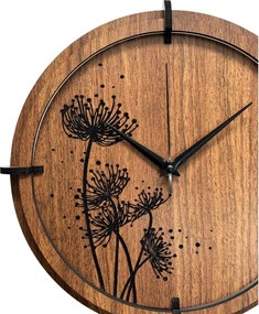 Drevené hodiny Wenge s čiernym kvetinovým motívom | SENTOP HDF0586-ORECH-WENGE