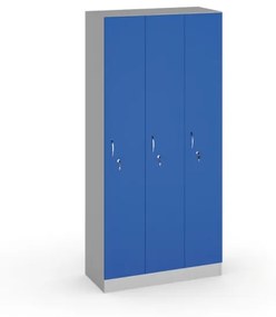 Drevená šatníková skrinka, 3 oddiely, 1900 x 900 x 420 mm, sivá/modrá
