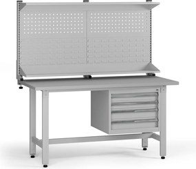 Výškovo nastaviteľný dielenský stôl G5 s nadstavbou, 1500 x 750 x 800-1000 mm, 1x kontajner, 4 zásuvky, sivá