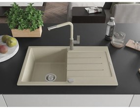 Mexen Bruno, 1-komorový granitový drez 795x495x200 mm a drezová batéria Flora, béžová, 6513-69-670401-09