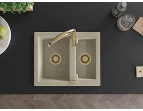 Mexen Carlos, 1,5-komorový granitový drez 582x475x177 mm a drezová batéria Savita, béžová, 6518-69-672601-50