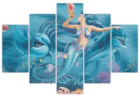Obraz - Morská víla s delfínmi (150x105 cm)
