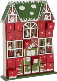Červený drevený LED adventný kalendár House J-line - 25,5 * 6,5 * 34,5 cm