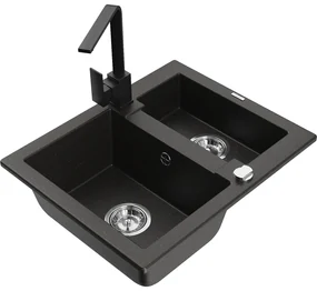 Mexen Carlos, 1,5-komorový granitový drez s odkvapkávačom 582x475x177 mm a čierna kuchynská batéria Rita, čierna - zlatá metalíza, 6518-75-670300-70