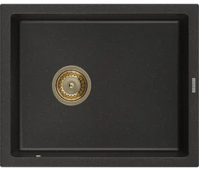 Mexen Pedro, granitový drez 560x460x200 mm, 1-komorový, čierna-zlatá metalíza so zlatým sifónom, 6508561000-75-G