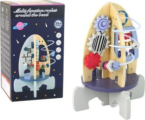 LEAN Toys Drevená edukačná hračka raketa s korálkami a ozubenými kolieskami