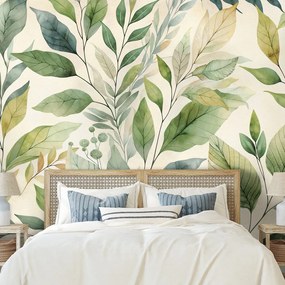 Samolepiaca tapeta zelené akvarelové listy na béžovom pozadí