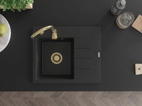 Mexen Ben, 1-komorový granitový drez 600x500x190 mm, ľavý + zlatý sifón, čierna, 6522605000-77-G