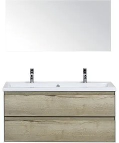 Kúpeľňový nábytkový set Evora 120 cm s keramickým umývadlom 2 otvormi na kohúty a zrkadlom dub prírodný