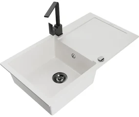 Mexen Leo, drez granitový 900x500x190 mm, 1-komorový, biely s čiernym sifónom a čierna drezová batéria Rita, 6501-20-670300-70