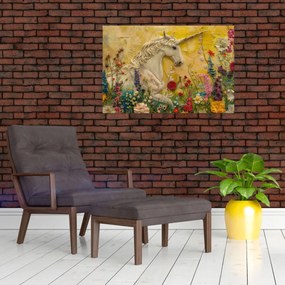 Obraz - Jednorožec s kvetinami (90x60 cm)