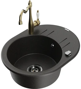 Mexen Kevin, drez granitový 586x458x190 mm, 1-komorový a drezová batéria Carla, čierna-zlatá metalíza, 6517-75-670700-50-B