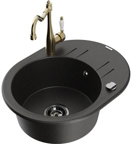 Mexen Kevin, drez granitový 586x458x190 mm, 1-komorový a drezová batéria Carla, čierna-zlatá metalíza, 6517-75-670700-50-B