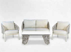 SÚPRAVA HLINÍKOVÉHO NÁBYTKU (SOFA + 2 KRESLÁ + KAVIARENSKÝ STOLÍK) BEŽOVÁ + BEŽOVÉ VANKÚŠE *0418