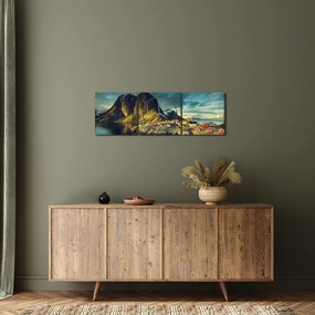 Obraz rybárskej dediny v Nórsku (s hodinami) (90x30 cm)