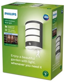 Philips 8719514417656 Python vonkajšie nástenné svietidlo so senzorom LED 6W/500lm 4000K IP44 antracit