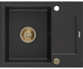 Mexen Enzo, granitový drez 576x465x174 mm, 1-komorový, čierna/strieborná metalíza so zlatým sifónom, 6506571005-73-G