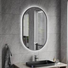 Erga Freya, oválne LED zrkadlo 50x80cm v čiernom kovovom ráme, 3 farby svetla, zadné osvetlenie, vyhrievacia podložka proti zapareniu, ERG-V01-FREYA-5080-BK