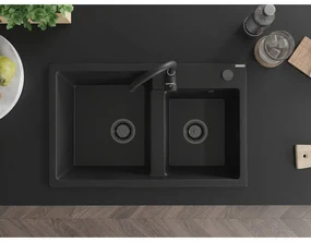 Mexen Tomas, granitový drez 800x500x190 mm, 2-komorový a čierna batéria Telma, čierna, 6516-77-670200-70-B