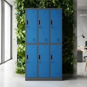 Kovová šatníková skriňa – IGOR so 6 dverami, 900 x 1850 x 450 mm, antracitovo-modrá