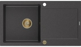 Mexen Leo, drez granitový 900x500x190 mm, 1-komorový, čierna škvrnitá so zlatým sifónom, 6501901010-76-G