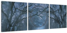 Obraz lesa v hmle (s hodinami) (90x30 cm)
