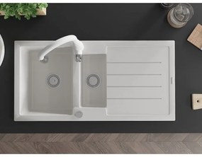 Mexen Andres, 1,5-komorový granitový drez 1000x500x200 mm a drezová batéria Savita, biela, 6515-20-672601-20
