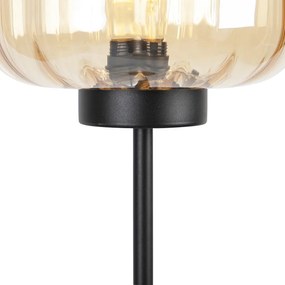Dizajnová stojaca lampa čierna s jantárovým sklom - Qara