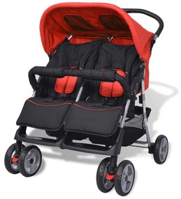 Oceľový kočík pre dvojičky, červeno-čierny