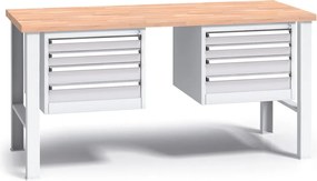 Pracovný stôl do dielne G3 s 2 závesnými boxami na náradie, buková škárovka, 8 zásuviek, pevné kovové nohy, 1700 mm, sivá