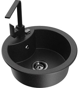 Mexen Diego, 1-komorový granitový drez 488x488x167 mm, čierny sifón, čierna matná batéria Rita, čierna-strieborná metalíza, 6512-73-670300-70-B