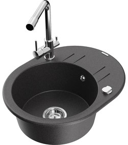 Mexen Kevin, drez granitový 586x458x190 mm, 1-komorový a chrómová Duero batéria, čierna - strieborná metalíza, 6517-76-671600-00