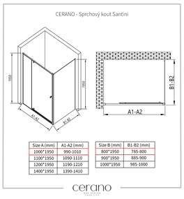 Cerano Santini, sprchovací kút 100(dvere) x 80(stena) x 195 cm, 6mm číre sklo, čierny profil, CER-CER-428944