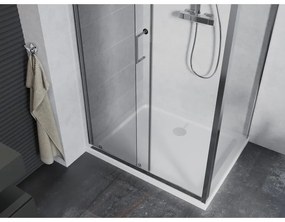 Mexen Apia, sprchový kút s posuvnými dverami 140 (dvere) x 90 (stena) cm, 6mm číre sklo, chrómový profil + slim sprchová vanička 5cm, 840-140-090-01-00-4010