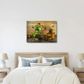 Obraz - tulipány, mlynček a káva (70x50 cm)