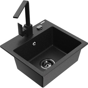 Mexen Milo, 1-komorový granitový drez 435x410x171 mm a čierna batéria Rita, čierna-strieborná metalíza, 6505-73-670300-70-B