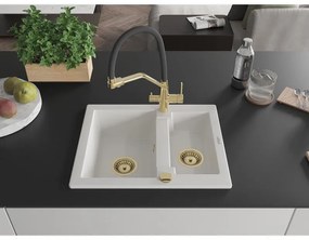 Mexen Carlos, 1,5-komorový granitový drez 582x475x177 mm a drezová batéria Duo, biela, 6518-20-671701-57-G