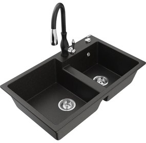 Mexen Tomas, granitový drez 800x500x190 mm, 2-komorový a drezová batéria Savita, čierna-zlatá metalíza, 6516-75-672601-70