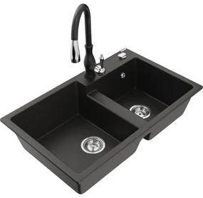 Mexen Tomas, granitový drez 800x500x190 mm, 2-komorový a drezová batéria Savita, čierna-zlatá metalíza, 6516-75-672601-70
