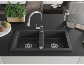 Mexen Mario, 2-komorový granitový drez 820x436x161 mm a drezová batéria Elia, čierna škvrnitá, 6504-76-670101-00