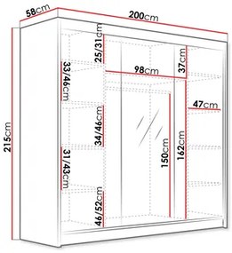 Šatníková skriňa s posuvnými dverami Fozzurt VI 200 (biela + čierna + zlatá) (so zrkadlom). Vlastná spoľahlivá doprava až k Vám domov. 1105705