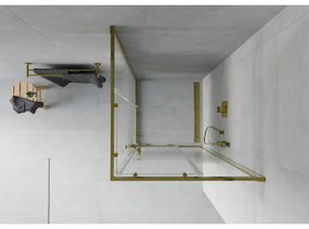 Mexen Rio, štvorcový sprchovací kút s posuvnými dverami 90(dvere) x 90(dvere) x 190 cm, 6mm číre sklo s pásikmi, zlatý profil, 860-090-090-50-20